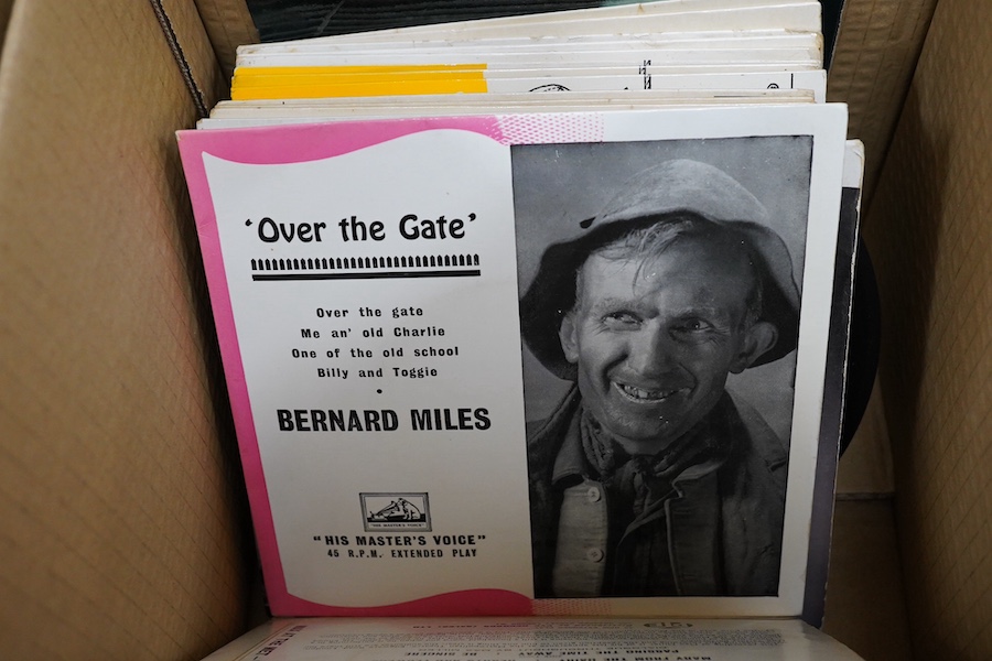 Four boxes of 7 inch singles, labels include; Coral, Parlophone, RCA, HMV, Columbia, etc. artists include; Dolly Parton, Gene Simmons, Alice Cooper, Ultravox, Motorhead, Dr. Feelgood, Buddy Holly, the Crickets, Manfred M